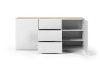Buffet WHITY 2 blanc mat 180cm 2 portes/3 tiroirs Plateau en bois de chêne clair